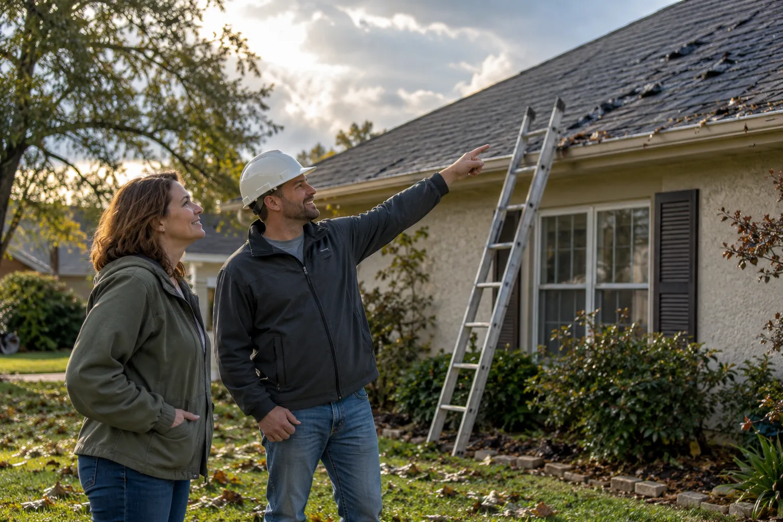 Homeowner and roofing provider looking at hail-dented shingles on a roof in San Jose after a storm